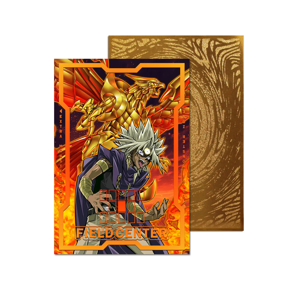 Level up your game with our custom-printed metal field centers, featuring exclusive Dark Marik artwork in gold metal. Durable, scratch-resistant, and embossed with the iconic Yu-Gi-Oh! card back, these slim field centers fit perfectly in card sleeves. Yami-Marik-yugioh-metal-card-embossed-design-custom-artwork-duel-accessories-ldb-duel