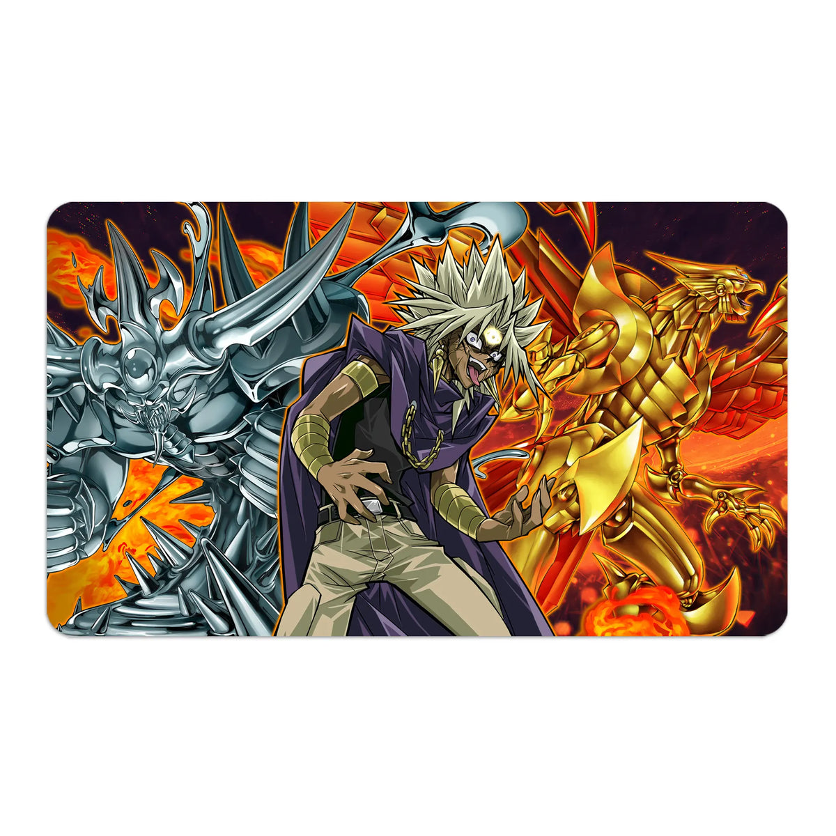Transform your dueling experience with LDB Duel featuring our exclusive art Dark Marik playmat! Featuring a soft cloth top for smooth card movement and a durable rubber back for a secure grip, this 24x14 inch mat is machine washable and safe for cards and sleeves. Yami-Marik-yugioh-custom-artwork-premium-durable-rubber-ldb-duel