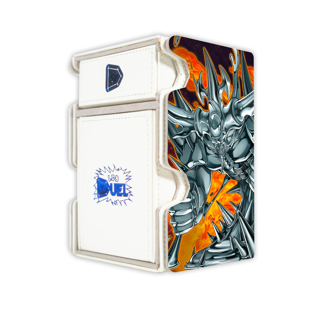 Here is the Right View of the Dark Marik Mach 3 White Deck Box. Antagonist-yugioh-deck-tray-dice-tray-LDB-Duel