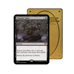 Level up your game with our custom-printed metal orica cards, featuring exclusive Demonic Tutor artwork in gold metal. Durable, scratch-resistant, and embossed with the iconic Yu-Gi-Oh! card back, these slim orica cards fit perfectly in card sleeves. Diabolic-Tutor-mtg-yugioh-pokemon-metal-card-embossed-design-custom-artwork-duel-accessories-ldb-duel