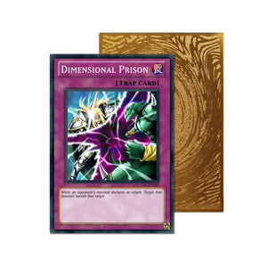 Level up your game with our custom-printed metal orica cards, featuring exclusive Dimensional Prison artwork in gold metal. Durable, scratch-resistant, and embossed with the iconic Yu-Gi-Oh! card back, these slim orica cards fit perfectly in card sleeves. Trapholic-yugioh-mtg-pokemon-metal-card-embossed-design-custom-artwork-duel-accessories-ldb-duel