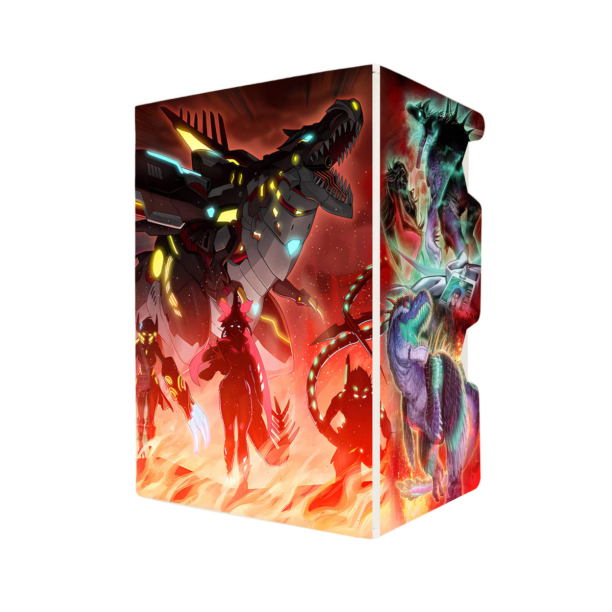 Here's another quality white deck box from LDB Duel featuring our exclusive Dinomorphia Archetype art. Fits all types of trading card games, including Pokémon, Yu-Gi-Oh! and Magic The Gathering. The perfect card holder for the TCG player safely holds up to 100 double-sleeved cards. EVEN in extra thick sleeves. Comes with a pull-out dice tray. Dinomorphia-ygo-magic-digimon-card-protector-gaming-accesories-LDB-Duel