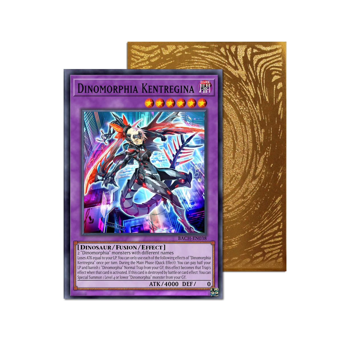 Level up your game with our custom-printed metal orica cards, featuring exclusive Dinomorphia Kentregina artwork in gold metal. Durable, scratch-resistant, and embossed with the iconic Yu-Gi-Oh! card back, these slim orica cards fit perfectly in card sleeves. Dinomorphia-Reversion-yugioh-mtg-pokemon-metal-card-embossed-design-custom-artwork-duel-accessories-ldb-duel