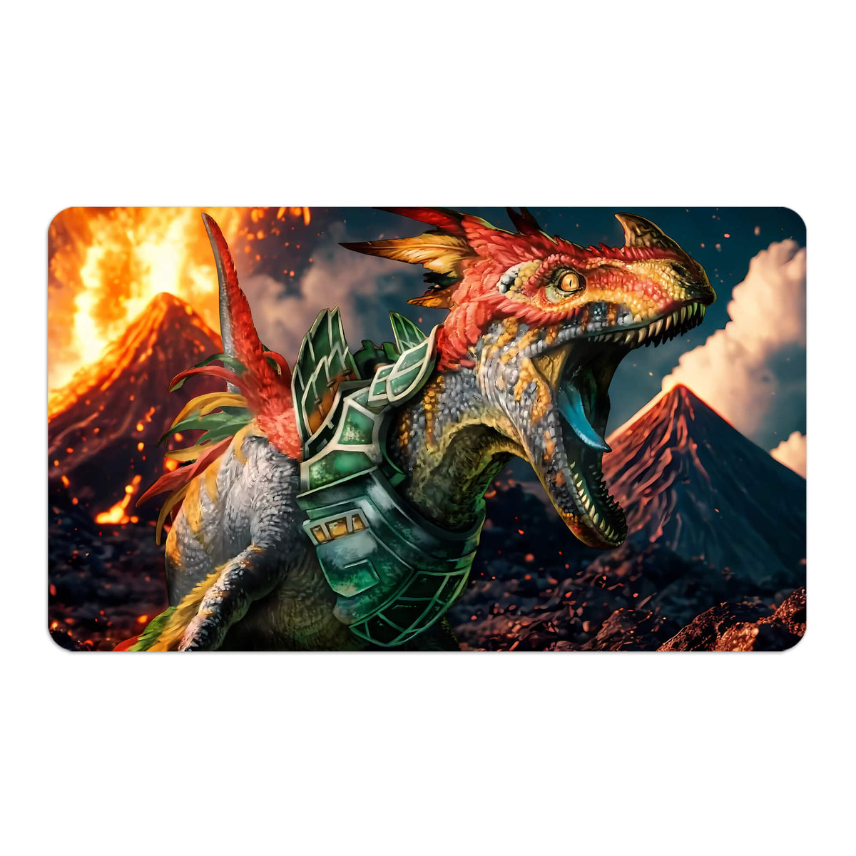 Transform your dueling experience with LDB Duel featuring our exclusive art Dinosaur Token playmat! Featuring a soft cloth top for smooth card movement and a durable rubber back for a secure grip, this 24x14 inch mat is machine washable and safe for cards and sleeves. Hunting-Velociraptor-mtg-yugioh-pokemon-custom-artwork-premium-durable-rubber-ldb-duel