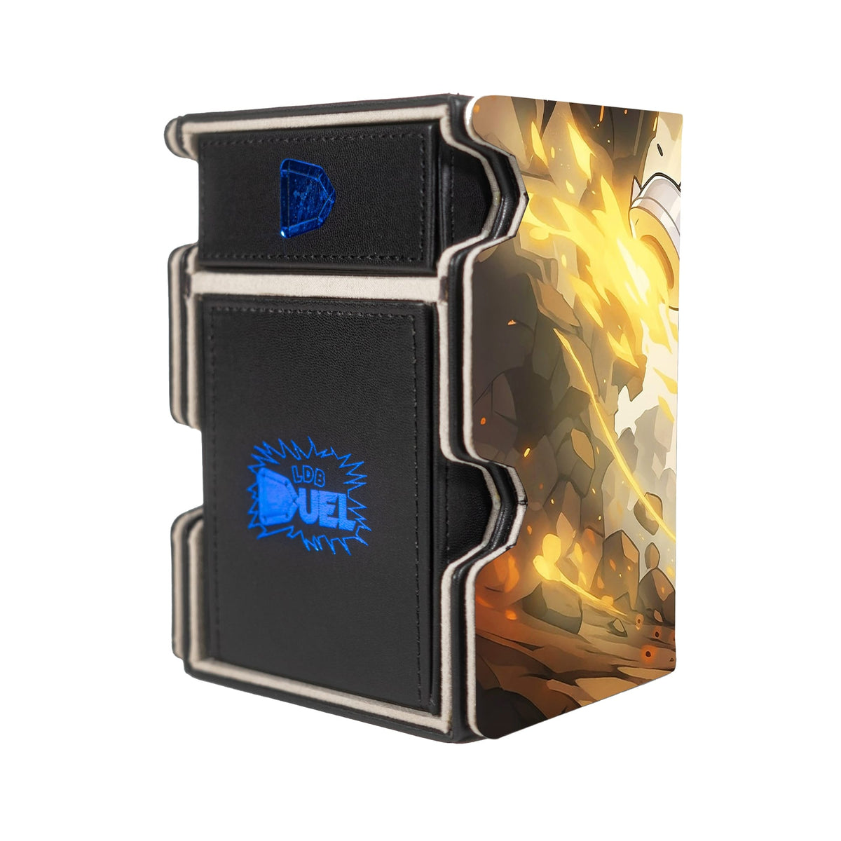 Here is the Right View of the Dogmatika Ecclesia, the Virtuous Mach 3 Black Deck Box. stigmata-yugioh-deck-tray-dice-tray-LDB-Duel
