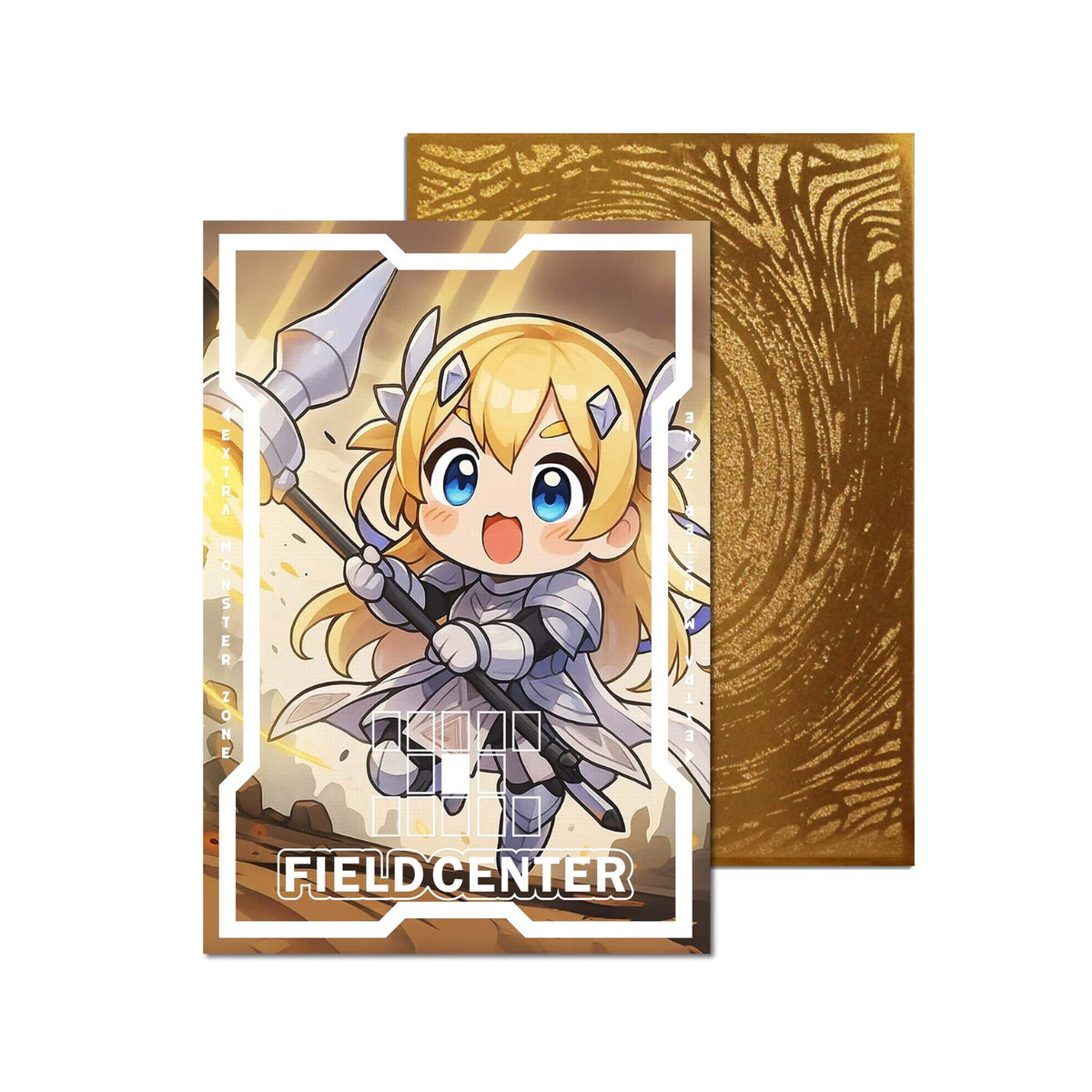 Level up your game with our custom-printed metal field centers, featuring exclusive Dogmatika Ecclesia, the Virtuous artwork in gold metal. Durable, scratch-resistant, and embossed with the iconic Yu-Gi-Oh! card back, these slim field centers fit perfectly in card sleeves. Dogmatika-yugioh-mtg-pokemon-metal-card-embossed-design-custom-artwork-duel-accessories-ldb-duel