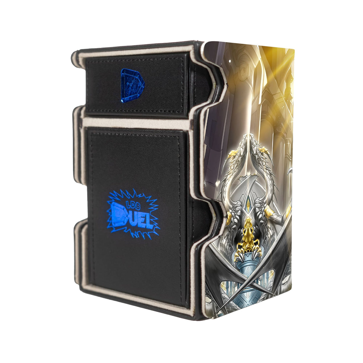 Here is the Right View of the Dogmatika Maximus Mach 3 Black Deck Box. stigmata-yugioh-deck-tray-dice-tray-LDB-Duel