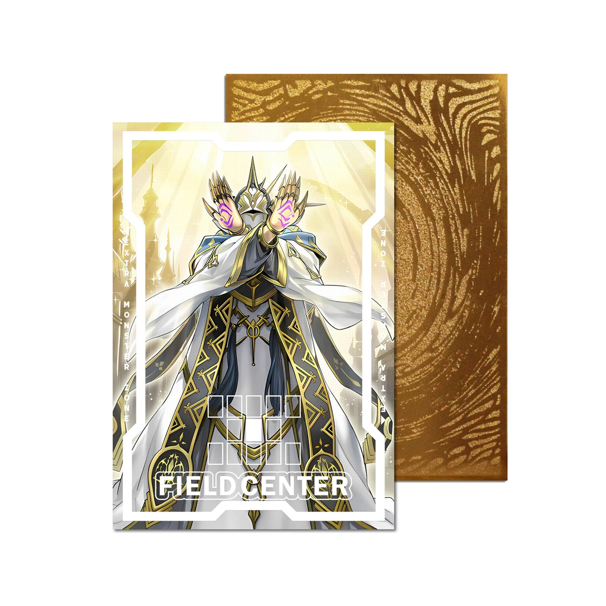 Level up your game with our custom-printed metal field centers, featuring exclusive Dogmatika Maximus artwork in gold metal. Durable, scratch-resistant, and embossed with the iconic Yu-Gi-Oh! card back, these slim field centers fit perfectly in card sleeves. Dogmatika-yugioh-mtg-pokemon-metal-card-embossed-design-custom-artwork-duel-accessories-ldb-duel