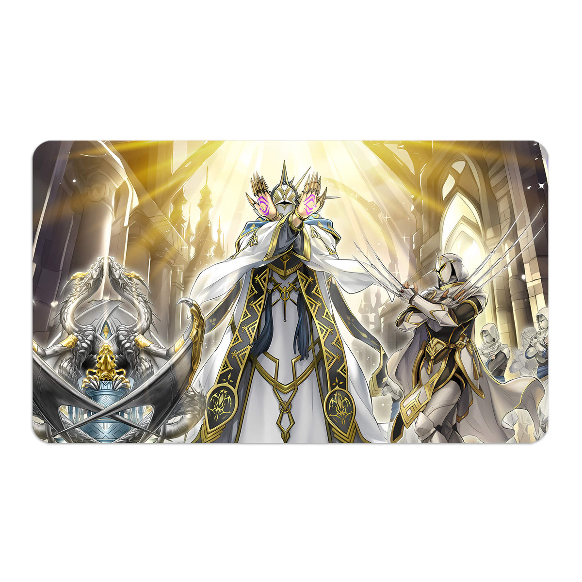 Transform your dueling experience with LDB Duel featuring our exclusive art Dogmatika Maximus playmat! Featuring a soft cloth top for smooth card movement and a durable rubber back for a secure grip, this 24x14 inch mat is machine washable and safe for cards and sleeves. Dragma-yugioh-mtg-pokemon-custom-artwork-premium-durable-rubber-ldb-duel