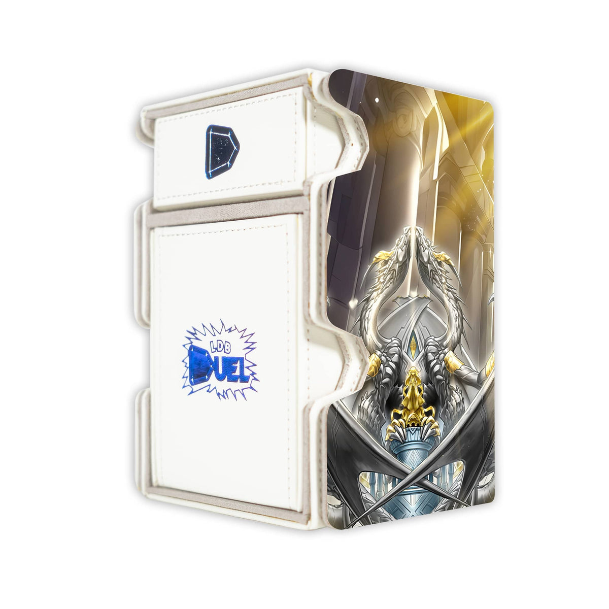Here is the Right View of the Dogmatika Maximus Mach 3 White Deck Box. Dogmatika-yugioh-deck-tray-dice-tray-LDB-Duel