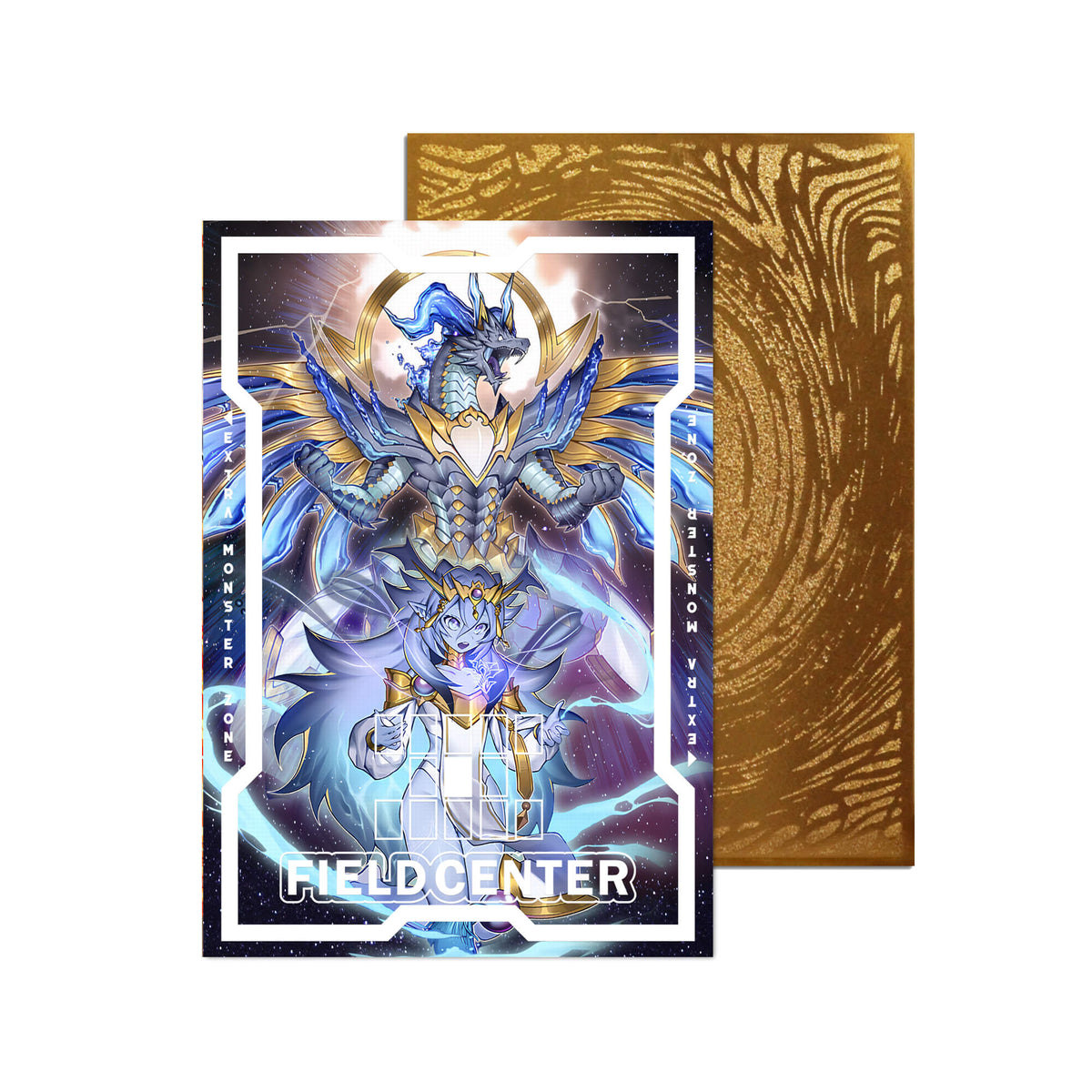 Level up your game with our custom-printed metal field centers, featuring exclusive Dominus Impulse artwork in gold metal. Durable, scratch-resistant, and embossed with the iconic Yu-Gi-Oh! card back, these slim field centers fit perfectly in card sleeves. Dominus-yugioh-mtg-pokemon-metal-card-embossed-design-custom-artwork-duel-accessories-ldb-duel