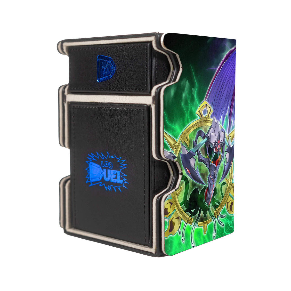 Here is the Right View of the Doom King Archetype Mach 3 Black Deck Box. Purple-Armageddon-yugioh-deck-tray-dice-tray-LDB-Duel