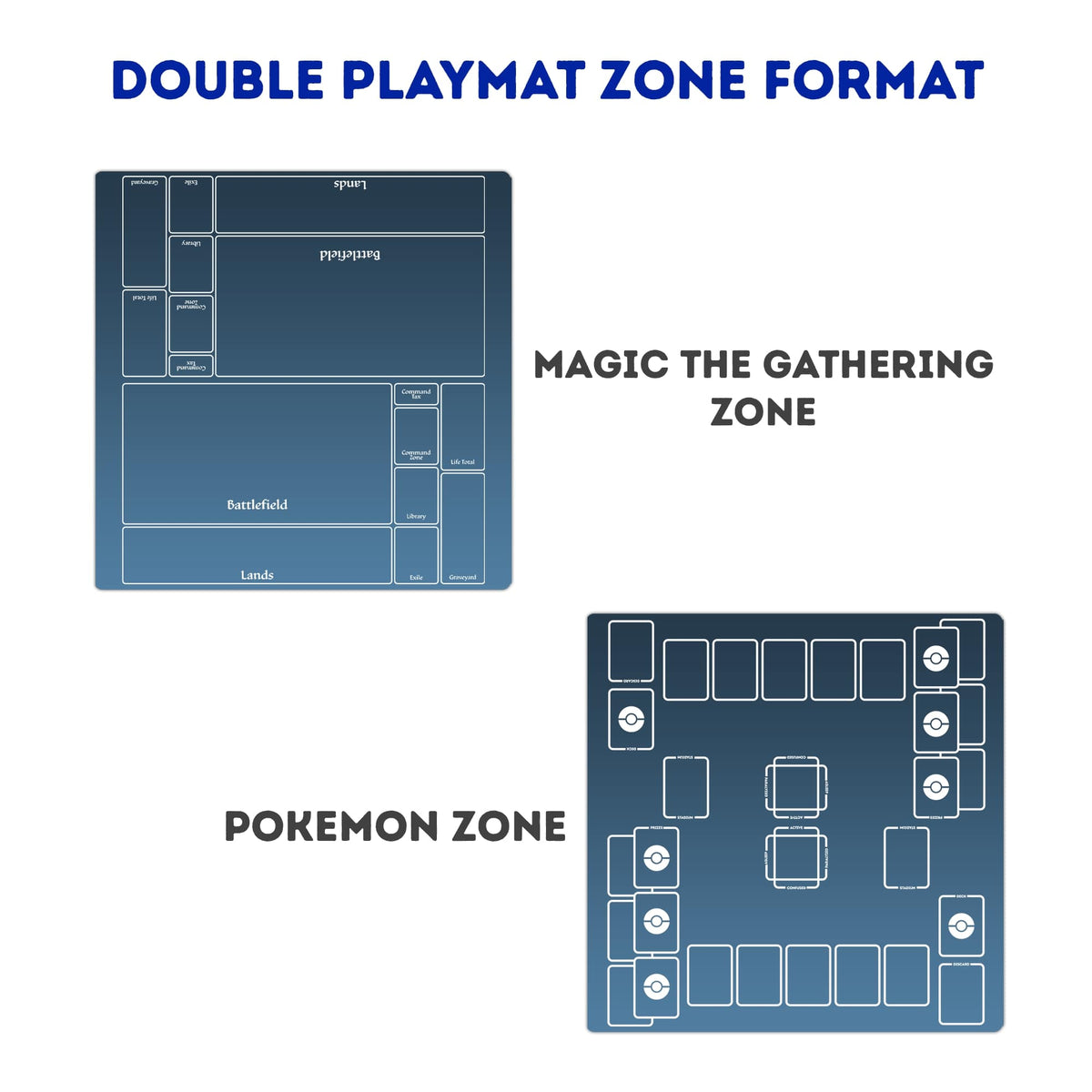 Pick your game zones—Version 2. Your double playmat can be printed with card zones for your game. LDB Duel! Featuring a soft cloth top for smooth card movement and a durable rubber back for a secure grip, this 24x24-inch mat is machine washable and safe for cards and sleeves.