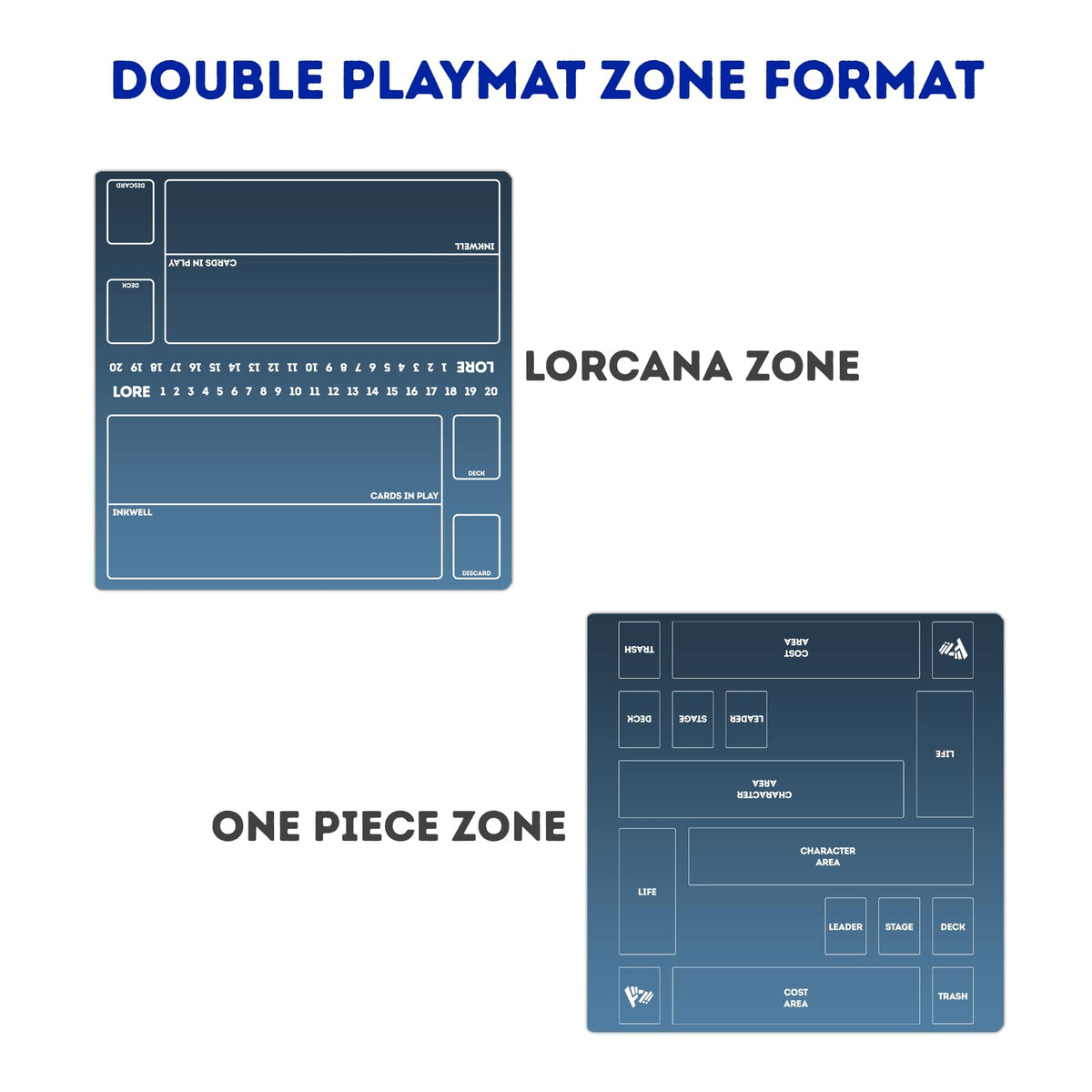 Pick your game zones—Version 4. Your double playmat can be printed with card zones for your game. LDB Duel! Featuring a soft cloth top for smooth card movement and a durable rubber back for a secure grip, this 24x24-inch mat is machine washable and safe for cards and sleeves.