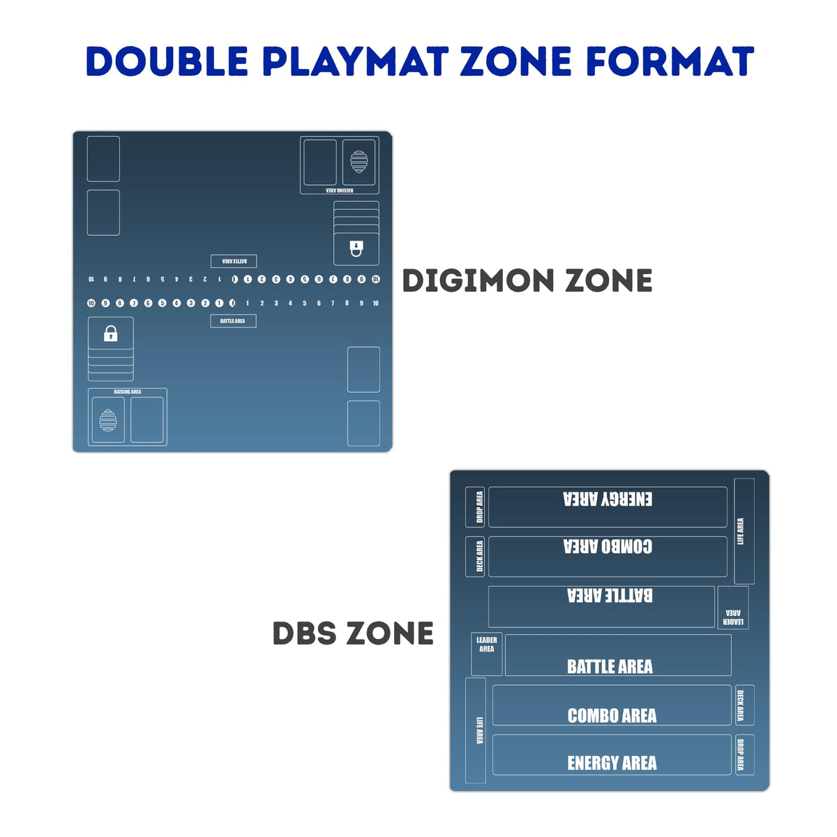 Pick your game zones—Version 5. Your double playmat can be printed with card zones for your game. LDB Duel! Featuring a soft cloth top for smooth card movement and a durable rubber back for a secure grip, this 24x24-inch mat is machine washable and safe for cards and sleeves.