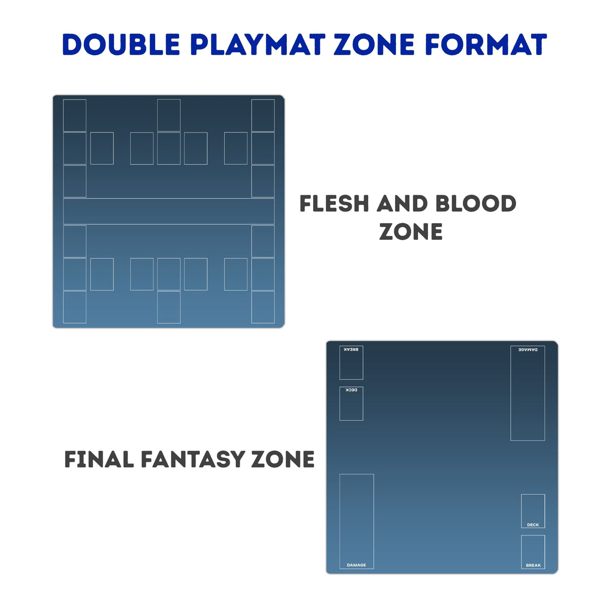 Pick your game zones—Version 6. Your double playmat can be printed with card zones for your game. LDB Duel! Featuring a soft cloth top for smooth card movement and a durable rubber back for a secure grip, this 24x24-inch mat is machine washable and safe for cards and sleeves.