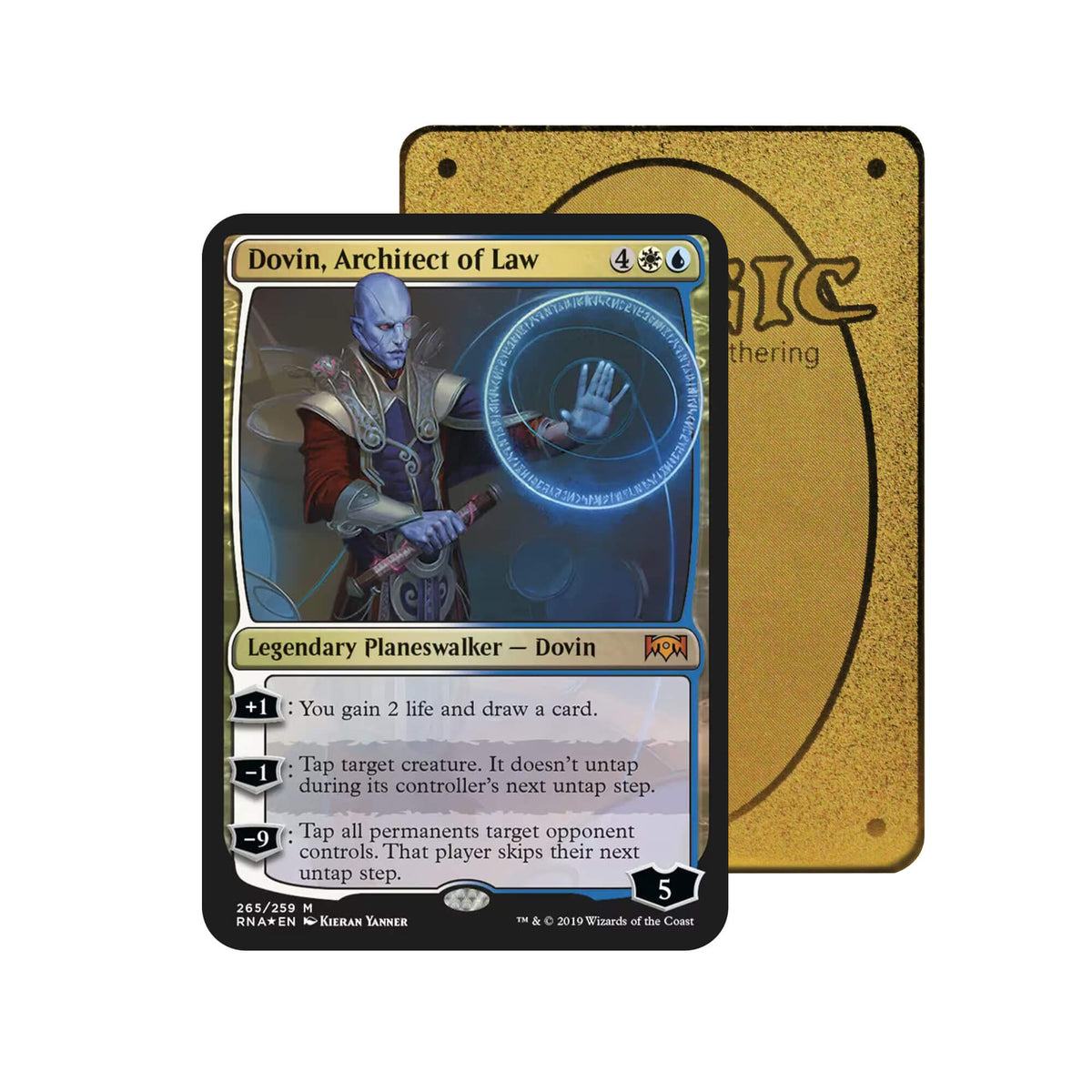 Level up your game with our custom-printed metal orica cards, featuring exclusive Dovin, Architect of Law artwork in gold metal. Durable, scratch-resistant, and embossed with the iconic Yu-Gi-Oh! card back, these slim orica cards fit perfectly in card sleeves. Dovin-mtg-yugioh-pokemon-metal-card-embossed-design-custom-artwork-duel-accessories-ldb-duel