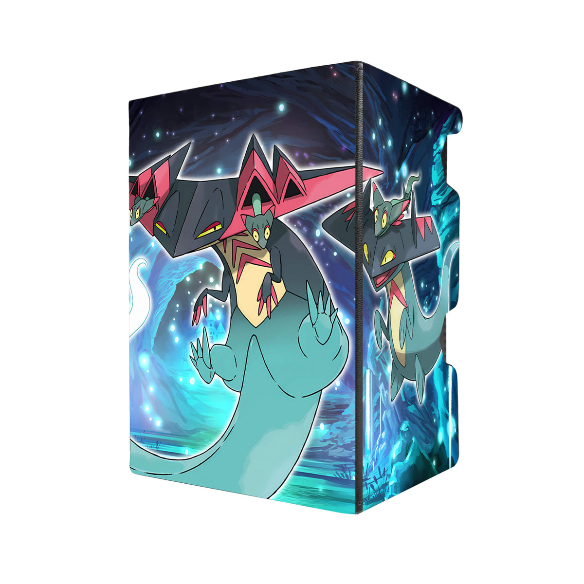 Here's another quality black deck box from LDB Duel featuring our exclusive Dragapult Evolutions art. Fits all types of trading card games, including Pokémon, Yu-Gi-Oh! and Magic The Gathering. The perfect card holder for the TCG player safely holds up to 100 double-sleeved cards. EVEN in extra thick sleeves. Comes with a pull-out dice tray. Dreepy-pokemon-tcg-accessories-card-storage-LDB-Duel