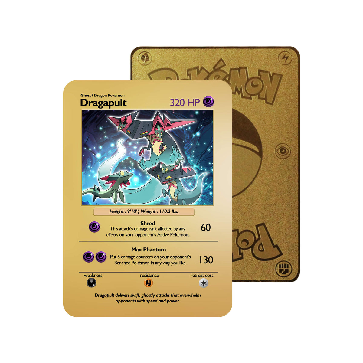 Level up your game with our custom-printed metal orica cards, featuring exclusive Dragapult Evolutions artwork in gold metal. Durable, scratch-resistant, and embossed with the iconic Pokémon card back, these slim orica cards fit perfectly in card sleeves. Drakloak-pokemon-yugioh-mtg-metal-card-embossed-design-custom-artwork-duel-accessories-ldb-duel