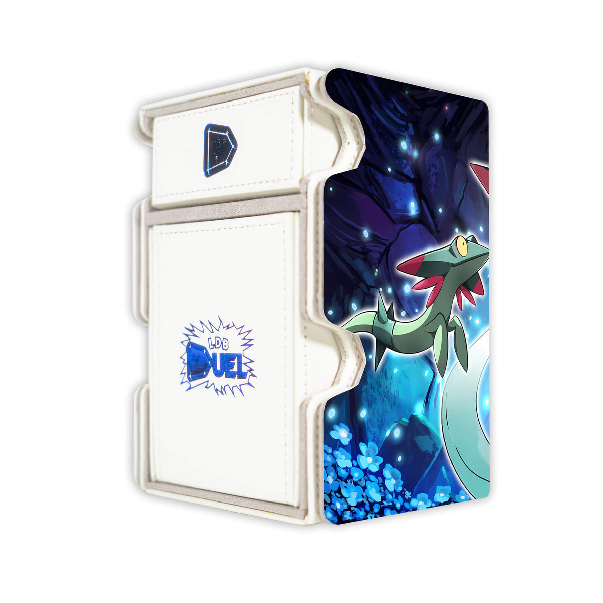 Here is the Right View of the Dragapult Evolutions Mach 3 White Deck Box. Drakloak-pokemon-deck-tray-dice-tray-LDB-Duel