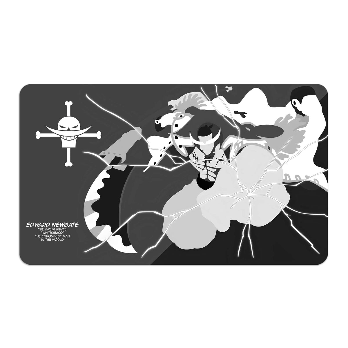 Transform your dueling experience with LDB Duel featuring our exclusive art Edward Newgate playmat! Featuring a soft cloth top for smooth card movement and a durable rubber back for a secure grip, this 24x14 inch mat is machine washable and safe for cards and sleeves. Whitebeard-onepiece-custom-artwork-premium-durable-rubber-ldb-duel