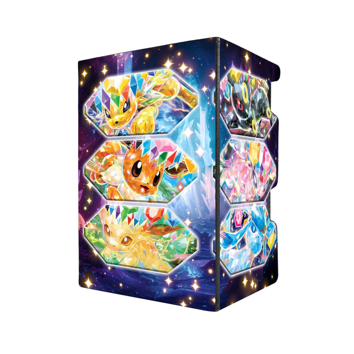 Here's another quality black deck box from LDB Duel featuring our exclusive Eevee Evolutions art. Fits all types of trading card games, including Pokémon, Yu-Gi-Oh! and Magic The Gathering. The perfect card holder for the TCG player safely holds up to 100 double-sleeved cards. EVEN in extra thick sleeves. Comes with a pull-out dice tray. Vaporeon-pokemon-tcg-accessories-card-storage-LDB-Duel