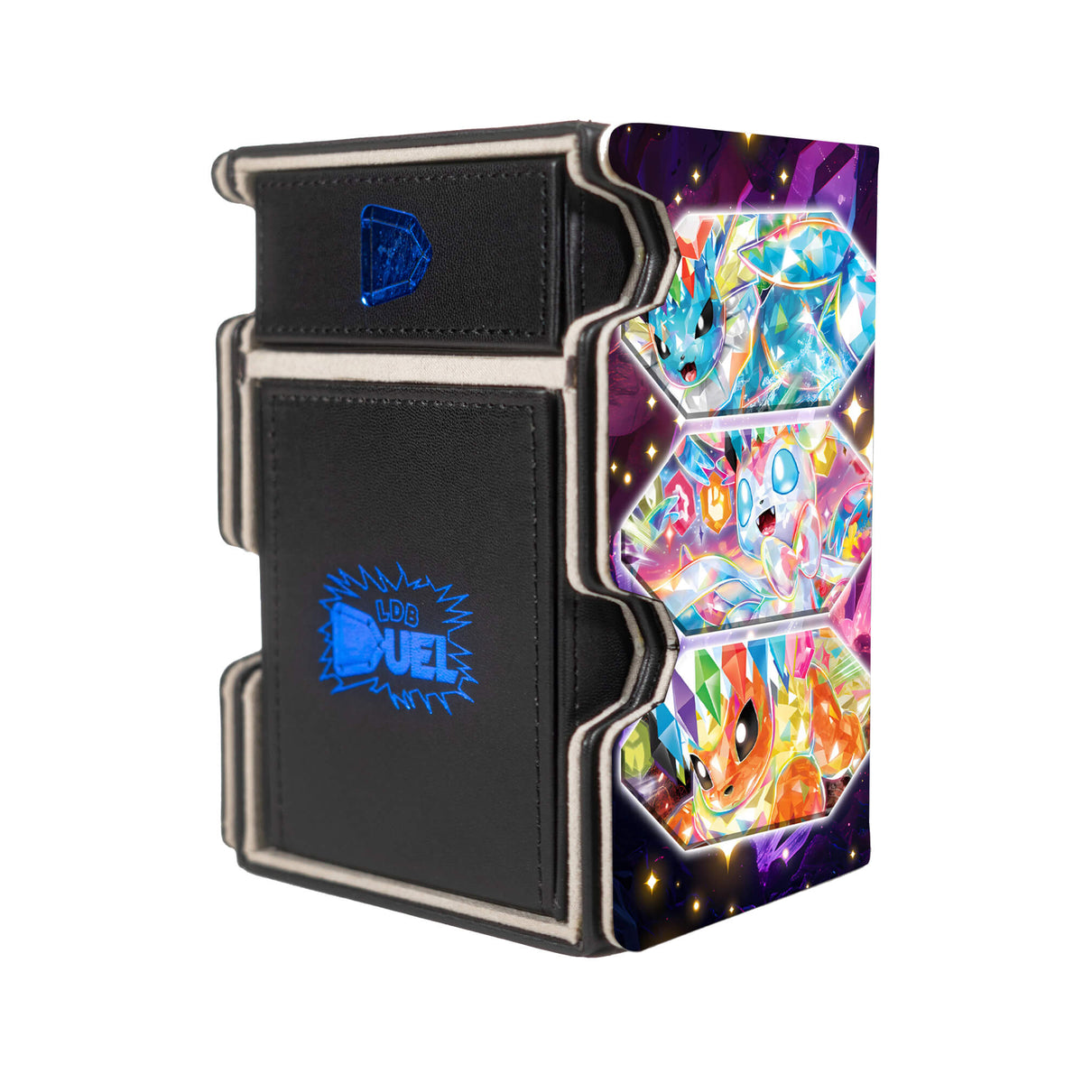 Here is the Right View of the Eevee Evolutions Mach 3 Black Deck Box. Leafeon-pokemon-deck-tray-dice-tray-LDB-Duel