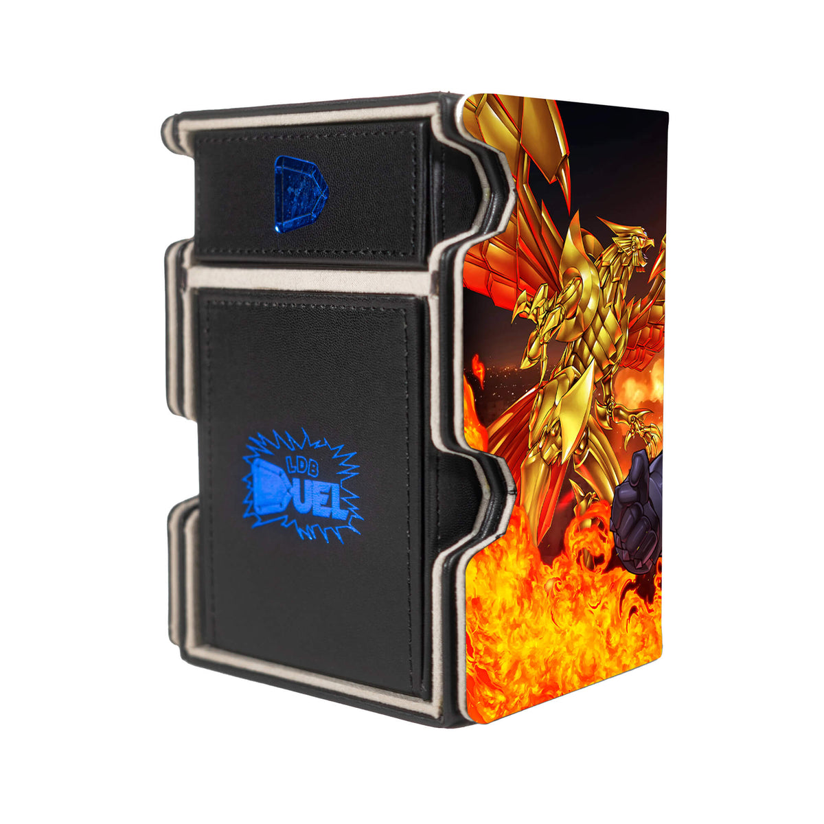 Here is the Right View of the Egyptian Gods Mach 3 Black Deck Box. God-Blaze-Cannon-yugioh-deck-tray-dice-tray-LDB-Duel