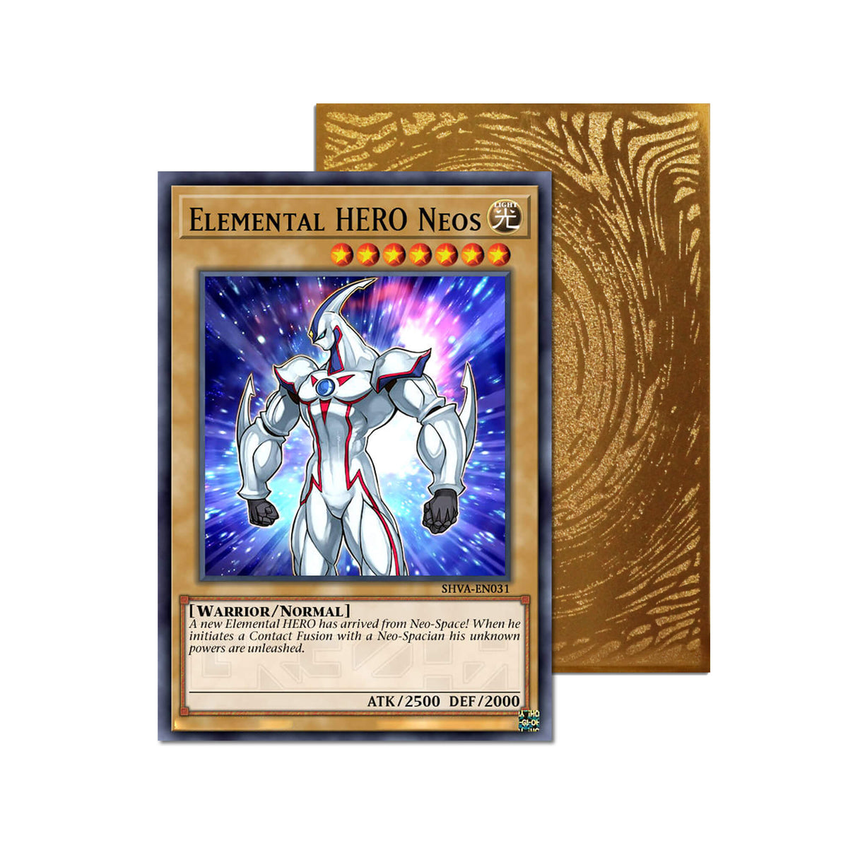 Level up your game with our custom-printed metal orica cards, featuring exclusive Elemental HERO Neos artwork in gold metal. Durable, scratch-resistant, and embossed with the iconic Yu-Gi-Oh! card back, these slim orica cards fit perfectly in card sleeves. Knight-yugioh-mtg-pokemon-metal-card-embossed-design-custom-artwork-duel-accessories-ldb-duel
