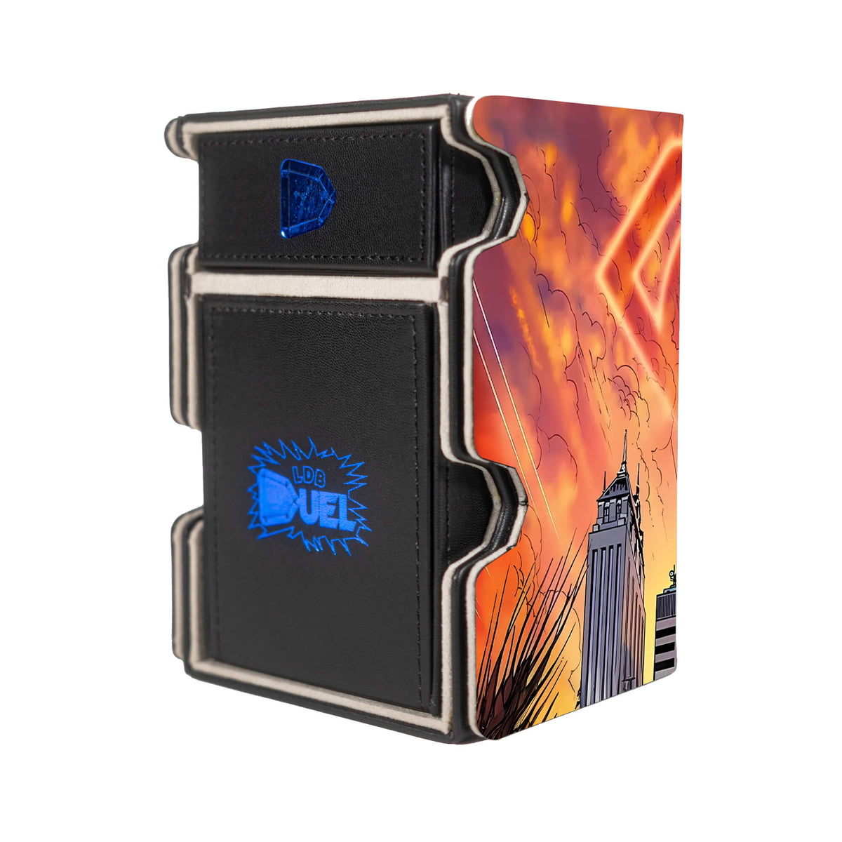 Here is the Right View of the Elemental HERO Neos Superman Mach 3 Black Deck Box. Justice-League-yugioh-deck-tray-dice-tray-LDB-Duel
