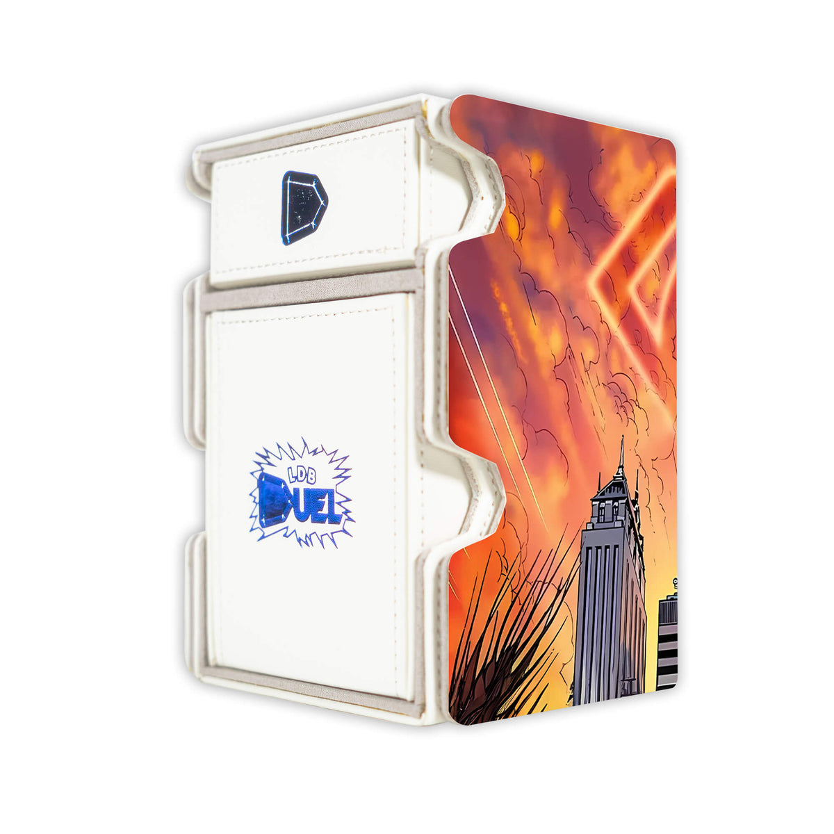 Here is the Right View of the Elemental HERO Neos Superman Mach 3 White Deck Box. Neos-Cosplay-yugioh-deck-tray-dice-tray-LDB-Duel