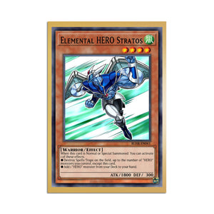 Level up your game with our custom-printed metal orica cards, featuring exclusive Elemental HERO Stratos artwork in gold metal. Durable, scratch-resistant, and embossed with the iconic Yu-Gi-Oh! card back, these slim orica cards fit perfectly in card sleeves. HERO-yugioh-mtg-pokemon-metal-card-embossed-design-custom-artwork-duel-accessories-ldb-duel