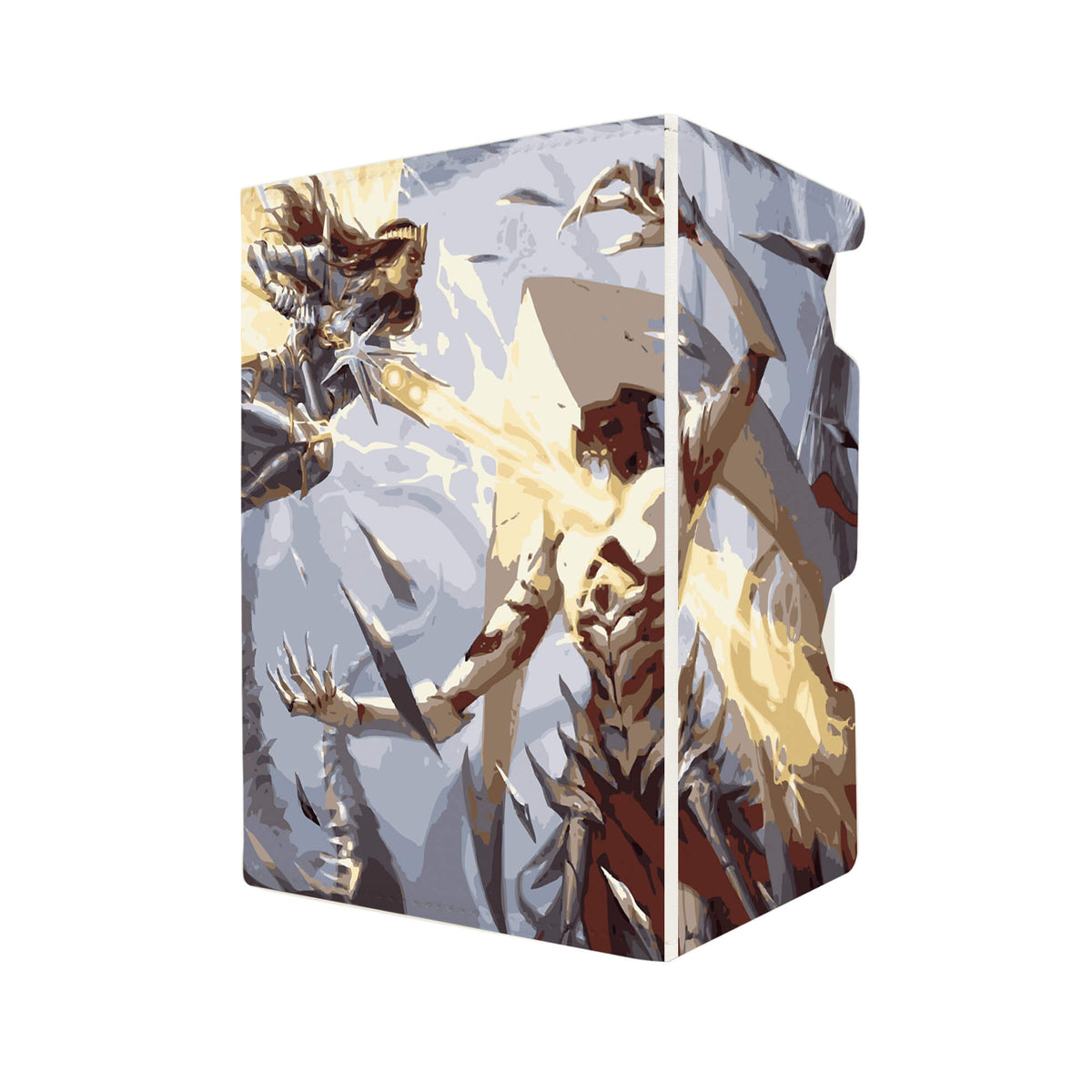 Here's another quality white deck box from LDB Duel featuring our exclusive Elspeth's Smite art. Fits all types of trading card games, including Pokémon, Yu-Gi-Oh! and Magic The Gathering. The perfect card holder for the TCG player safely holds up to 100 double-sleeved cards. EVEN in extra thick sleeves. Comes with a pull-out dice tray. Elspeth-mtg-tcg-accessories-card-storage-LDB-Duel