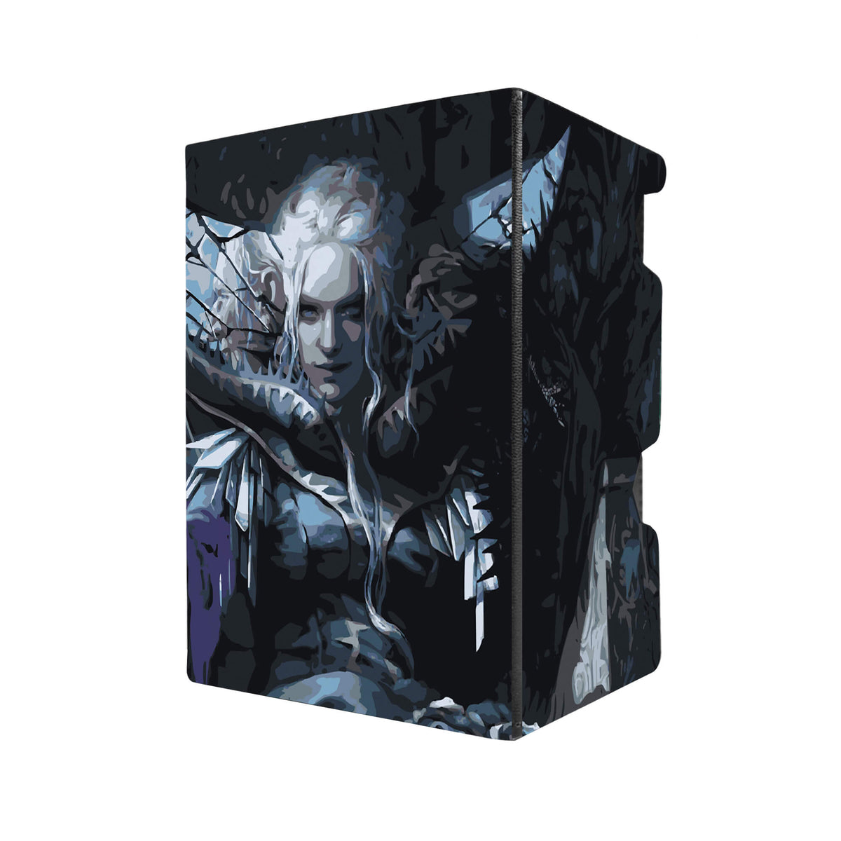 Here's another quality black deck box from LDB Duel featuring our exclusive Eriette of the Charmed Apple art. Fits all types of trading card games, including Pokémon, Yu-Gi-Oh! and Magic The Gathering. The perfect card holder for the TCG player safely holds up to 100 double-sleeved cards. EVEN in extra thick sleeves. Comes with a pull-out dice tray. Eriette-mtg-tcg-accessories-card-storage-LDB-Duel