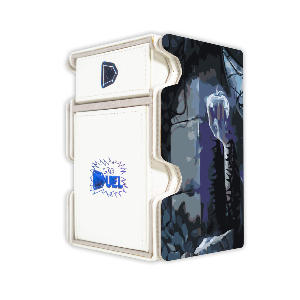 Here is the Right View of the Eriette of the Charmed Apple Mach 3 White Deck Box. Human-Warlock-mtg-deck-tray-dice-tray-LDB-Duel