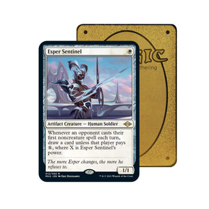 Level up your game with our custom-printed metal orica cards, featuring exclusive Esper Sentinel artwork in gold metal. Durable, scratch-resistant, and embossed with the iconic Yu-Gi-Oh! card back, these slim orica cards fit perfectly in card sleeves. Human-Soldier-mtg-yugioh-pokemon-metal-card-embossed-design-custom-artwork-duel-accessories-ldb-duel