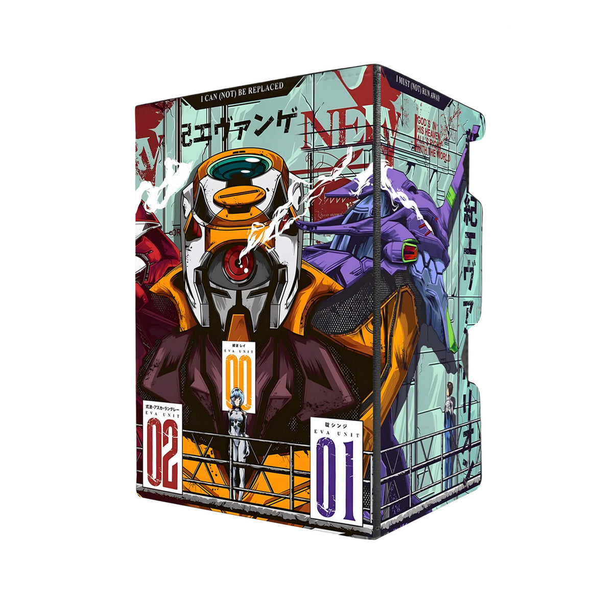 Here's another quality black deck box from LDB Duel featuring our exclusive Evangelion Unit art. Fits all types of trading card games, including Pokémon, Yu-Gi-Oh! and Magic The Gathering. The perfect card holder for the TCG player safely holds up to 100 double-sleeved cards. EVEN in extra thick sleeves. Comes with a pull-out dice tray. Neon-Genesis-Evangelion-anime-tcg-accessories-card-storage-LDB-Duel