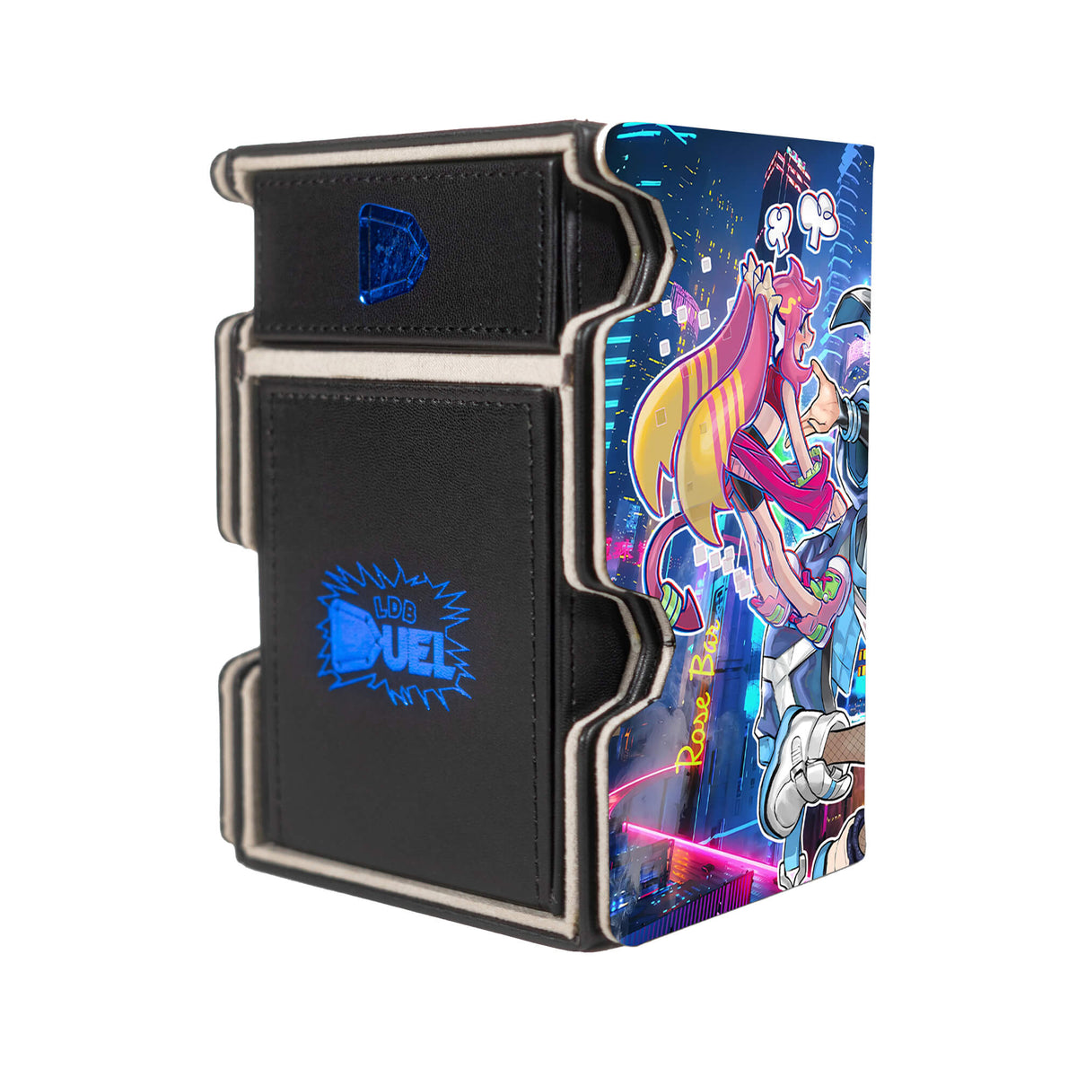 Here is the Right View of the Evil Twin Archetype Mach 3 Black Deck Box. Lil-la-yugioh-deck-tray-dice-tray-LDB-Duel