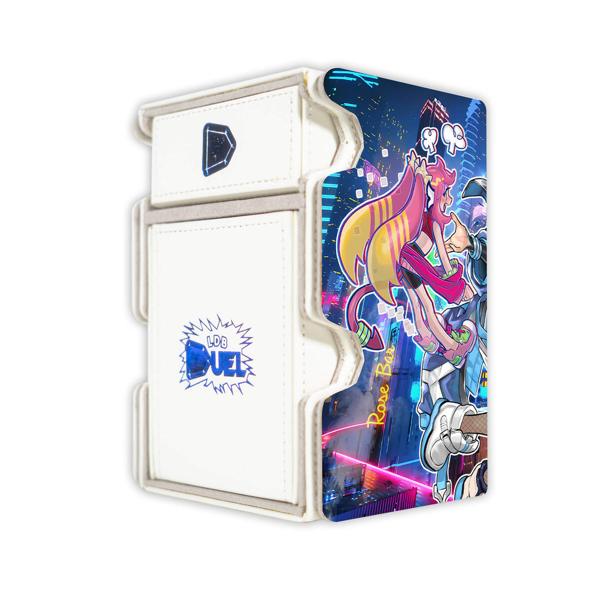 Here is the Right View of the Evil Twin Archetype Mach 3 White Deck Box. Trouble-Sunny-yugioh-deck-tray-dice-tray-LDB-Duel