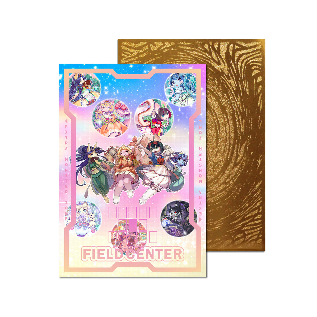 Level up your game with our custom-printed metal field centers, featuring exclusive Fairy Tail Archetype artwork in gold metal. Durable, scratch-resistant, and embossed with the iconic Yu-Gi-Oh! card back, these slim field centers fit perfectly in card sleeves. Fairy-Tail-yugioh-metal-card-embossed-design-custom-artwork-duel-accessories-ldb-duel