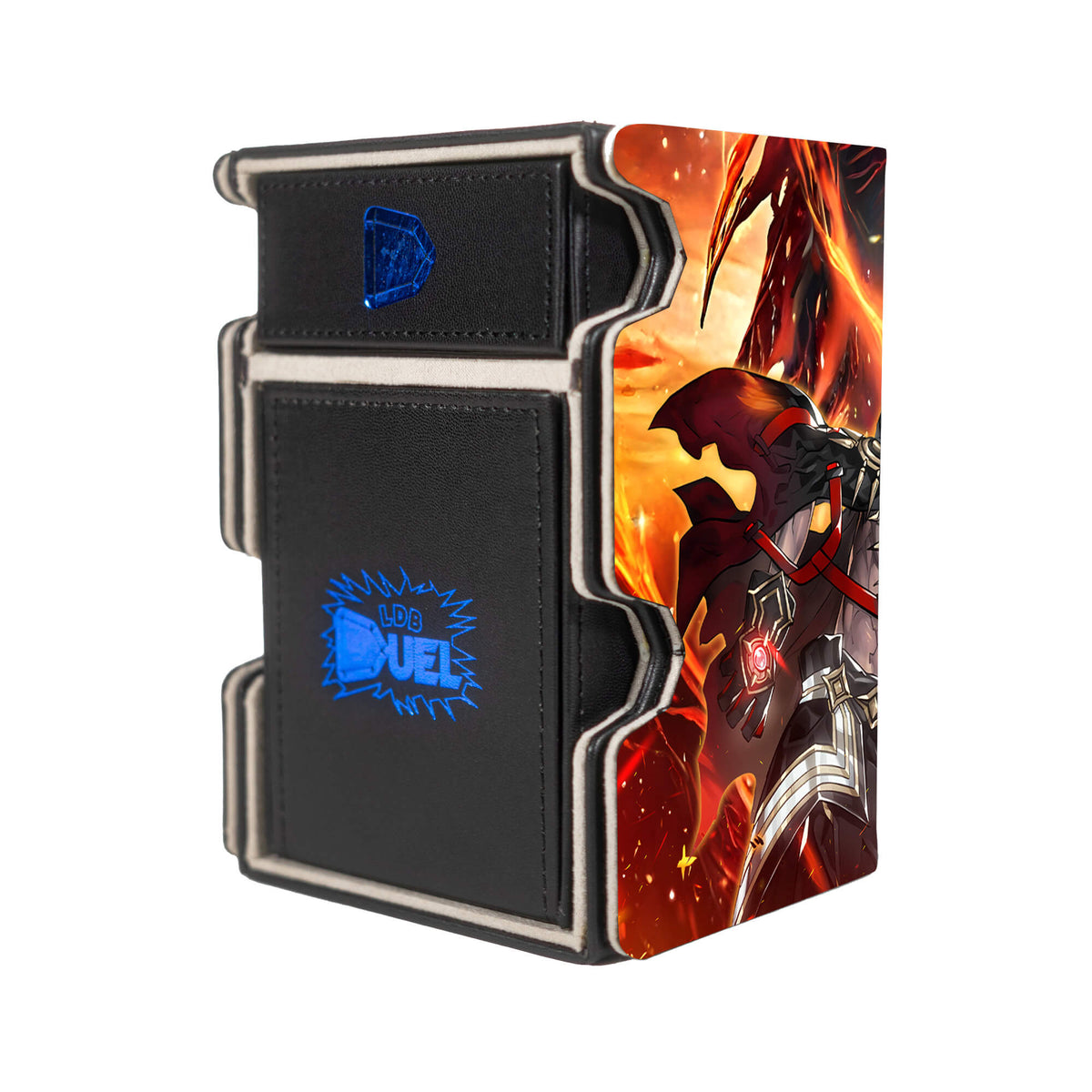 Here is the Right View of the Fallen of Albaz Mach 3 Black Deck Box. Branded-Dragon-yugioh-deck-tray-dice-tray-LDB-Duel
