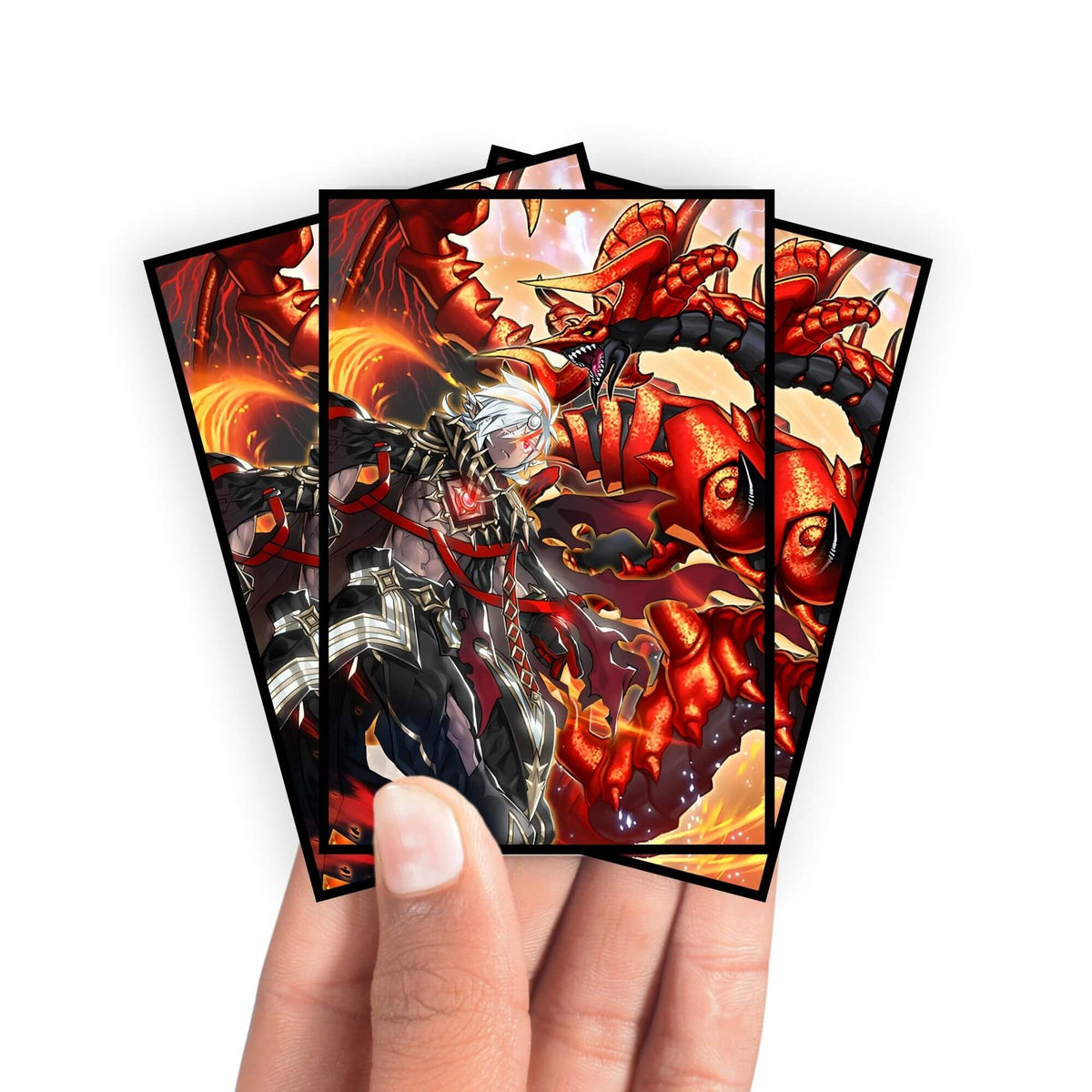 Enhance your cards with our elegant black border card sleeves, featuring a sleek, sophisticated design for a bold, modern aesthetic. From LDB Duel. Perfect for showcasing your collection, these sleeves are printed with our exclusive Fallen of Albaz design. Alba-Lenatus-yugioh-mtg-pokemon-card-protection-standard-japanese-dragon-shield-LDB-Duel-black
