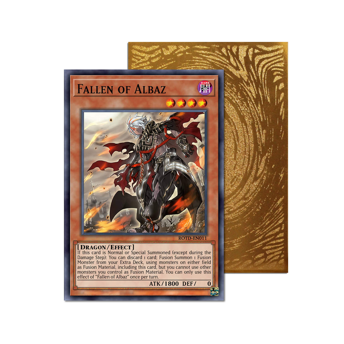 Level up your game with our custom-printed metal orica cards, featuring exclusive Fallen of Albaz artwork in gold metal. Durable, scratch-resistant, and embossed with the iconic Yu-Gi-Oh! card back, these slim orica cards fit perfectly in card sleeves. Alba-Lenatus-yugioh-mtg-pokemon-metal-card-embossed-design-custom-artwork-duel-accessories-ldb-duel
