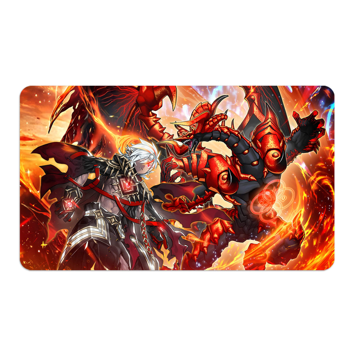 Transform your dueling experience with LDB Duel featuring our exclusive art Fallen of Albaz playmat! Featuring a soft cloth top for smooth card movement and a durable rubber back for a secure grip, this 24x14 inch mat is machine washable and safe for cards and sleeves. Alba-Lenatus-yugioh-mtg-pokemon-custom-artwork-premium-durable-rubber-ldb-duel