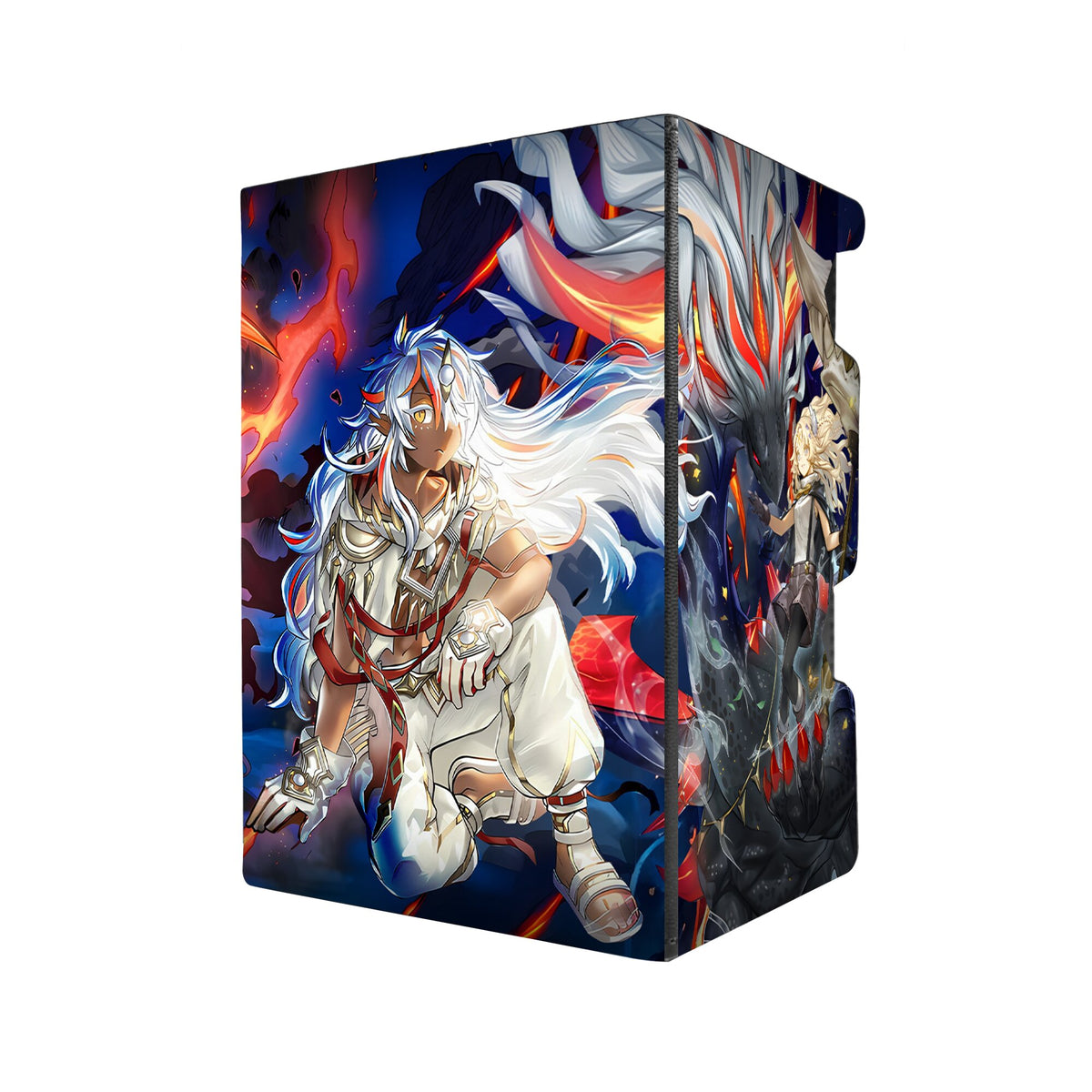 Here's another quality black deck box from LDB Duel featuring our exclusive Fallen of the White Dragon art. Fits all types of trading card games, including Pokémon, Yu-Gi-Oh! and Magic The Gathering. The perfect card holder for the TCG player safely holds up to 100 double-sleeved cards. EVEN in extra thick sleeves. Comes with a pull-out dice tray. Albaz-yugioh-tcg-accessories-card-storage-LDB-Duel