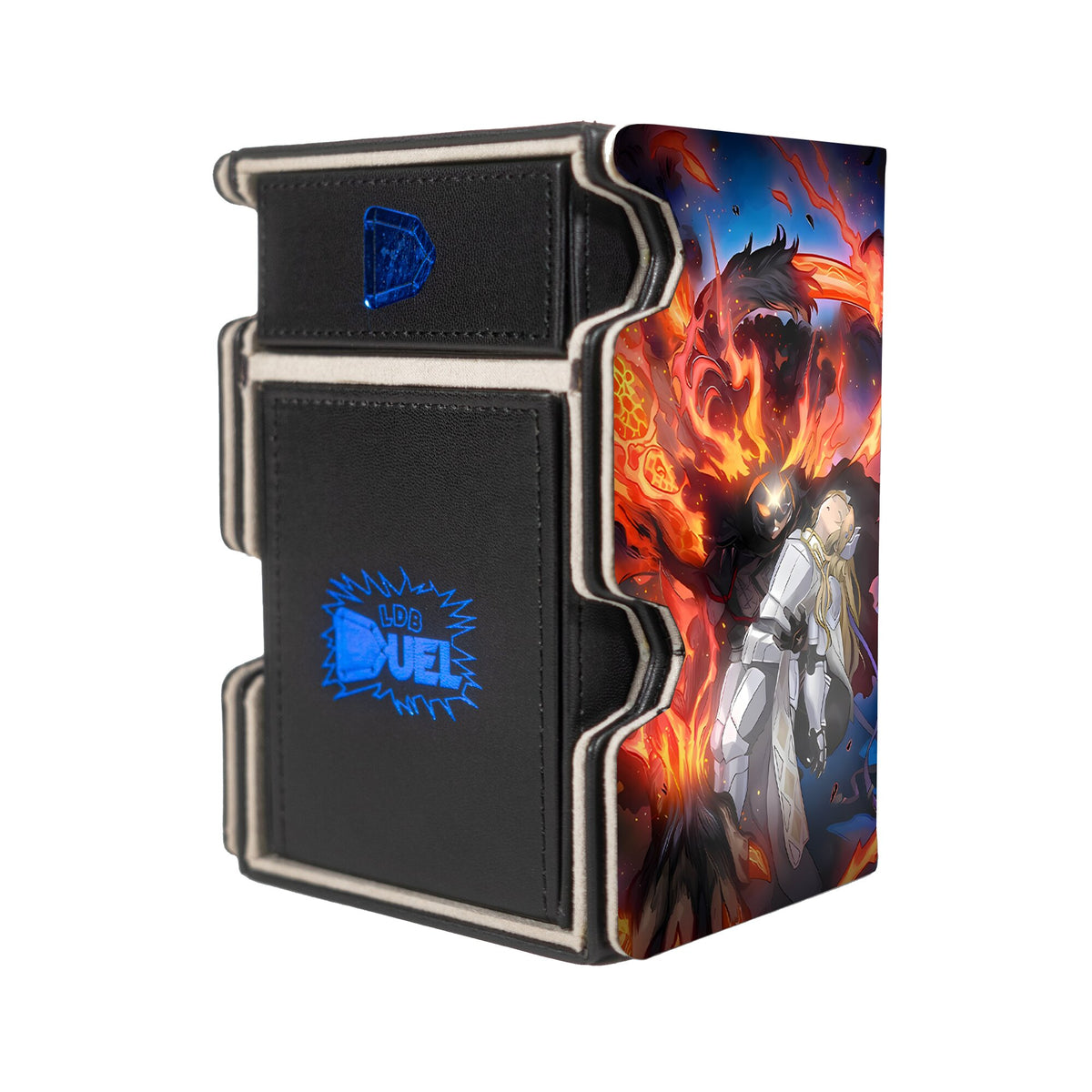 Here is the Right View of the Fallen of the White Dragon Mach 3 Black Deck Box. Albion-yugioh-deck-tray-dice-tray-LDB-Duel