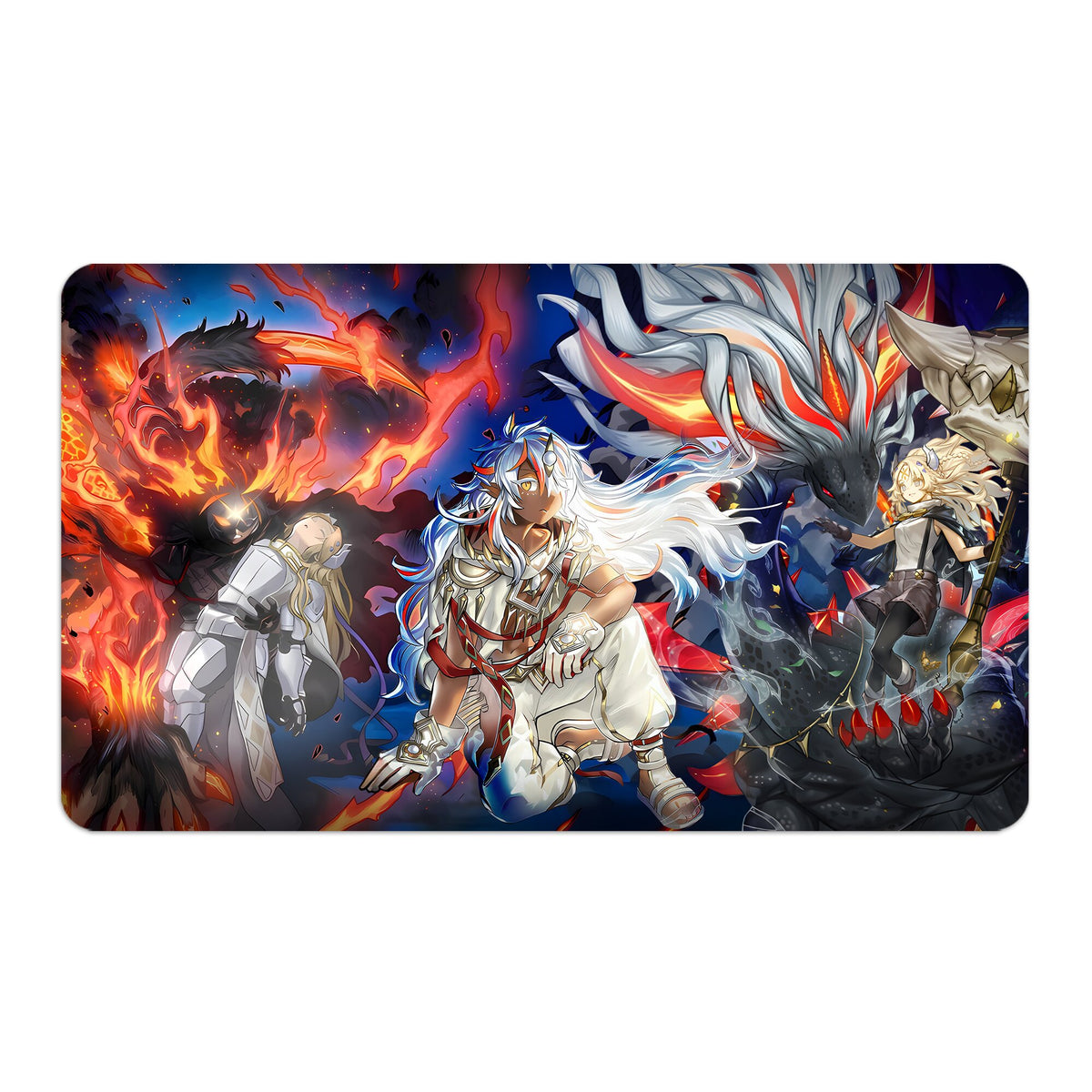 Transform your dueling experience with LDB Duel featuring our exclusive art Fallen of the White Dragon playmat! Featuring a soft cloth top for smooth card movement and a durable rubber back for a secure grip, this 24x14 inch mat is machine washable and safe for cards and sleeves. Albaz-yugioh-mtg-pokemon-custom-artwork-premium-durable-rubber-ldb-duel