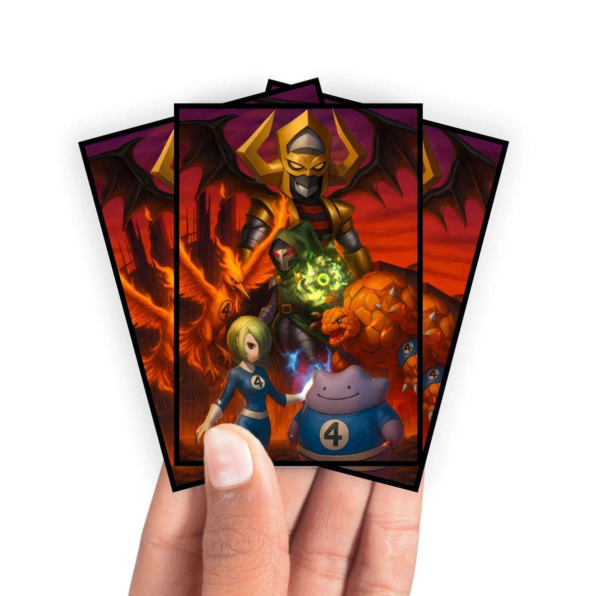 Enhance your cards with our elegant black border card sleeves, featuring a sleek, sophisticated design for a bold, modern aesthetic. From LDB Duel. Perfect for showcasing your collection, these sleeves are printed with our exclusive Fantastic Four x Pokemon design. Mewtwo-pokemon-yugioh-mtg-card-protection-standard-japanese-dragon-shield-LDB-Duel-black