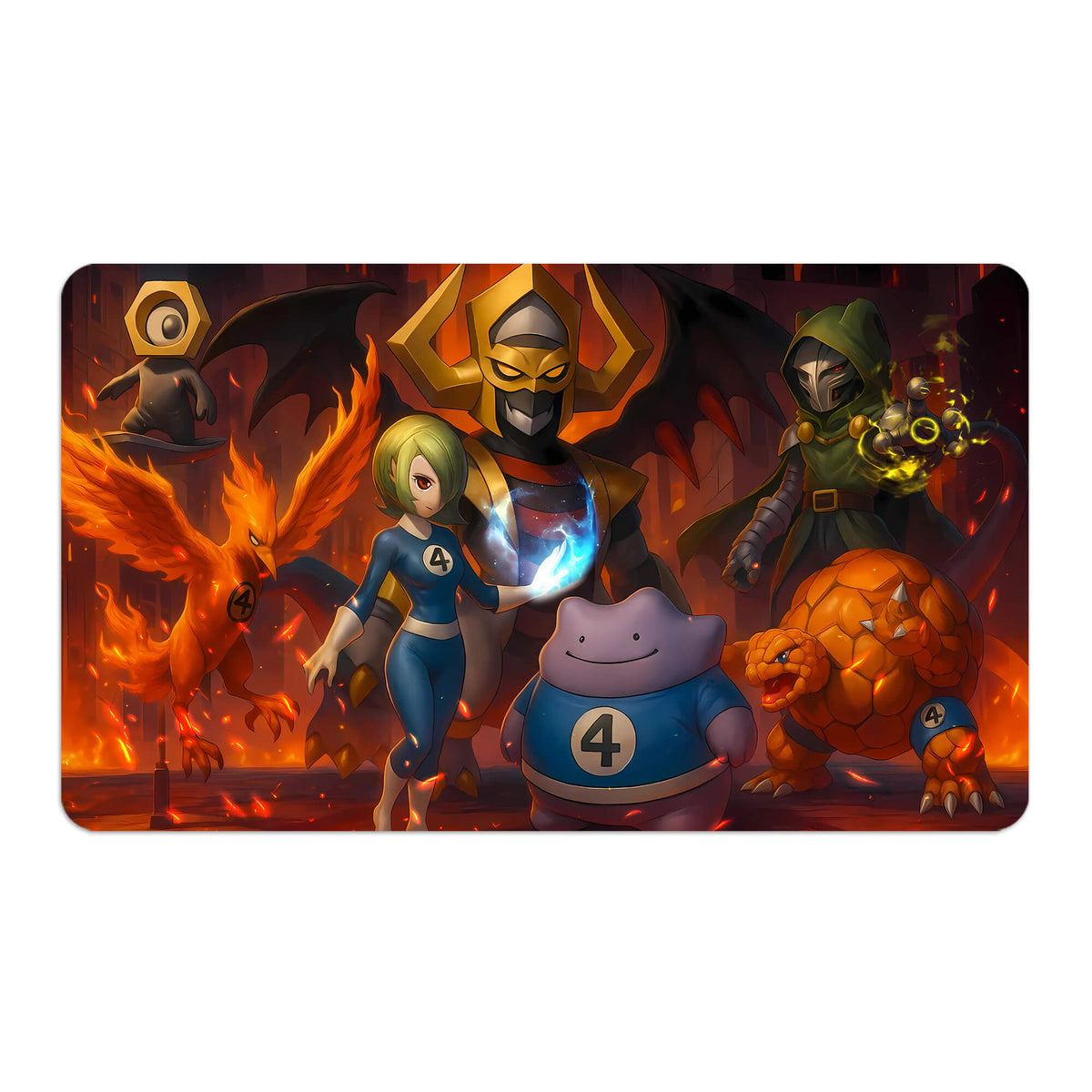 Transform your dueling experience with LDB Duel featuring our exclusive art Fantastic Four x Pokemon playmat! Featuring a soft cloth top for smooth card movement and a durable rubber back for a secure grip, this 24x14 inch mat is machine washable and safe for cards and sleeves. Galactus-pokemon-yugioh-mtg-custom-artwork-premium-durable-rubber-ldb-duel