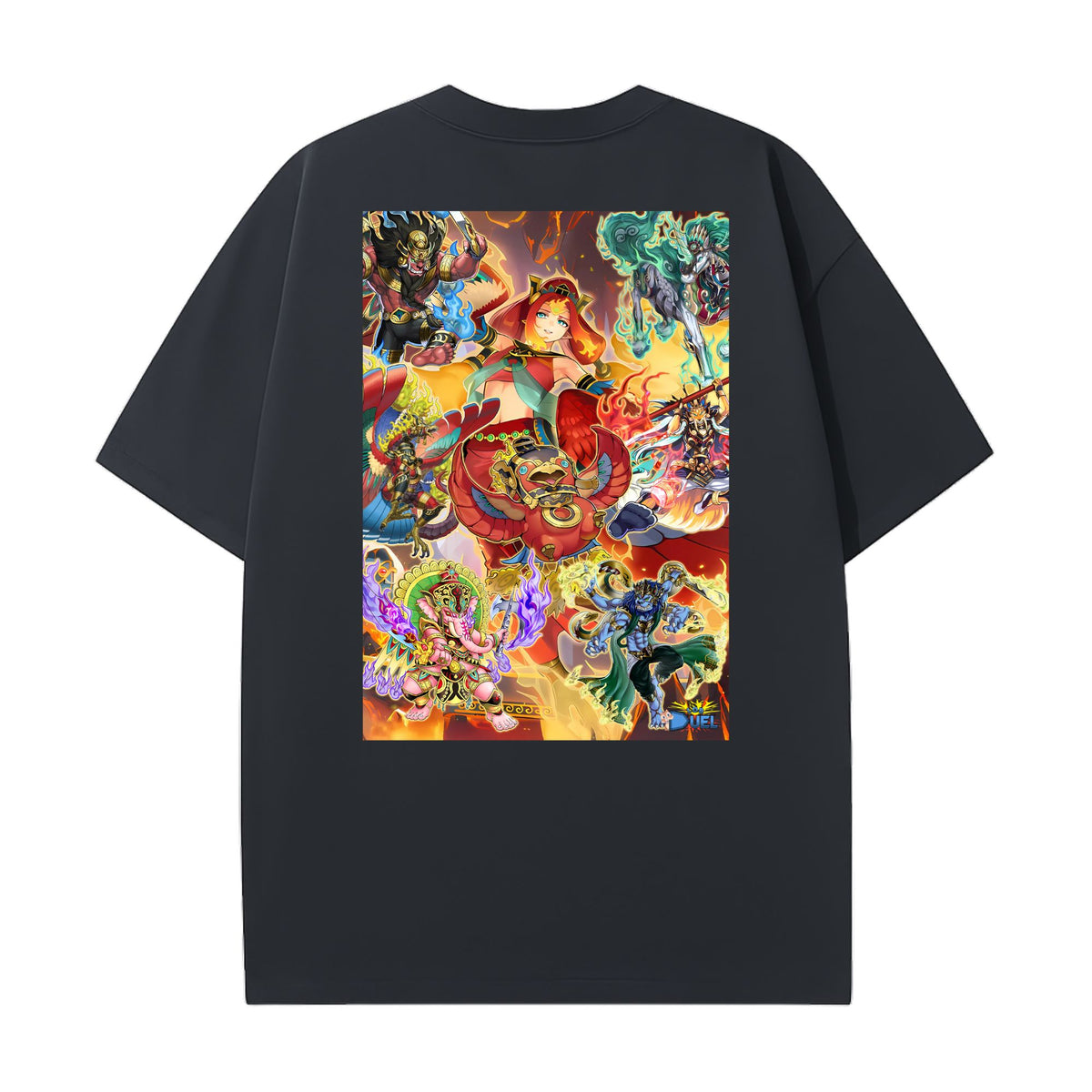 Level up your look with the premium Fire King Archetype T-shirt design from LDB Duel. Crafted from soft, breathable cotton and finished with vibrant DTF printing, this black t-shirt is designed for comfort that lasts. Featuring a bold back design, it’s perfect for anime fans, TCG players, and gamers who want to stand out, whether at events, tournaments, or just relaxing with friends.  Legendary-Ponix-anime-ygo-magic-tshirt-gaming-accesories-LDB-Duel